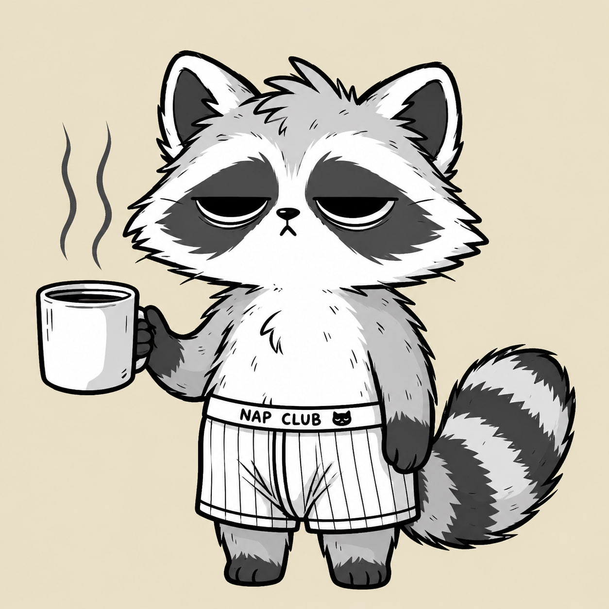 A hand-drawn sleepy raccoon called Naps holding a steaming mug