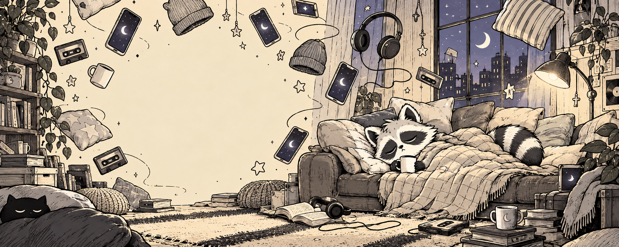 Naps’ surreal hand-drawn bedroom studio filled with floating phones, headphones and beanies